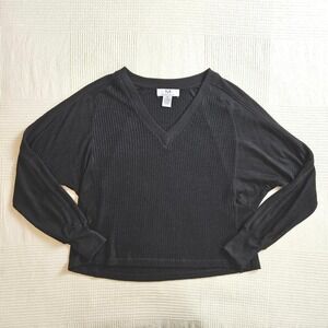 Magaschoni Black V-Neck Waffle Knit Dolman Sleeve Sweater Women Size M